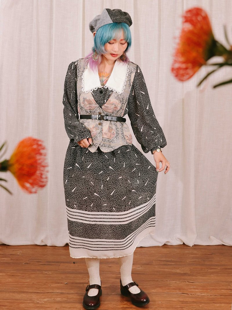 Tsubasa.Y│Vintage European dress A10 black background and white pattern European dress retro elegant vintage - One Piece Dresses - Cotton & Hemp Black