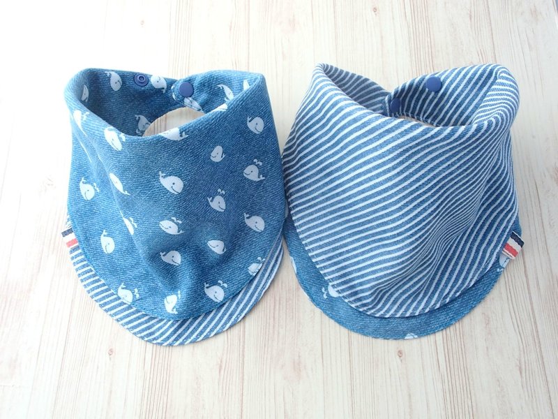 Baby Bib, Reversible Scarf Bib, Handkerchief, Whale, Nautical Japanese Cotton - 圍兜/口水巾 - 棉．麻 藍色