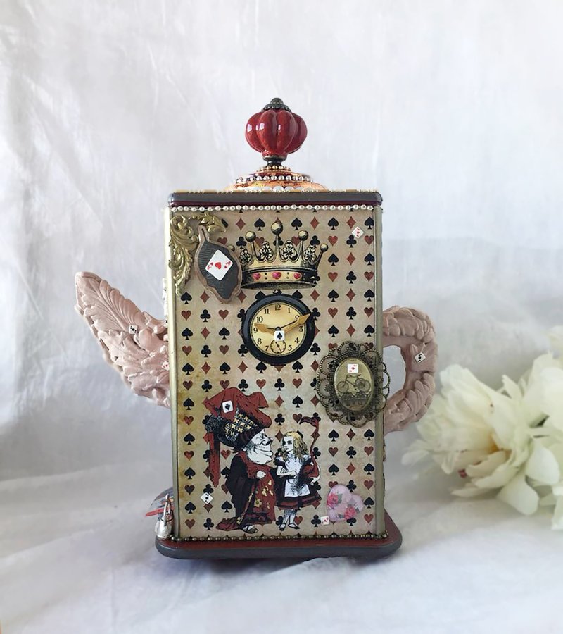 Alice Tea house, Wooden tea box, Alice in wonderland, Tea Party, kitchen decor - 調味罐/醬料罐 - 木頭 紅色