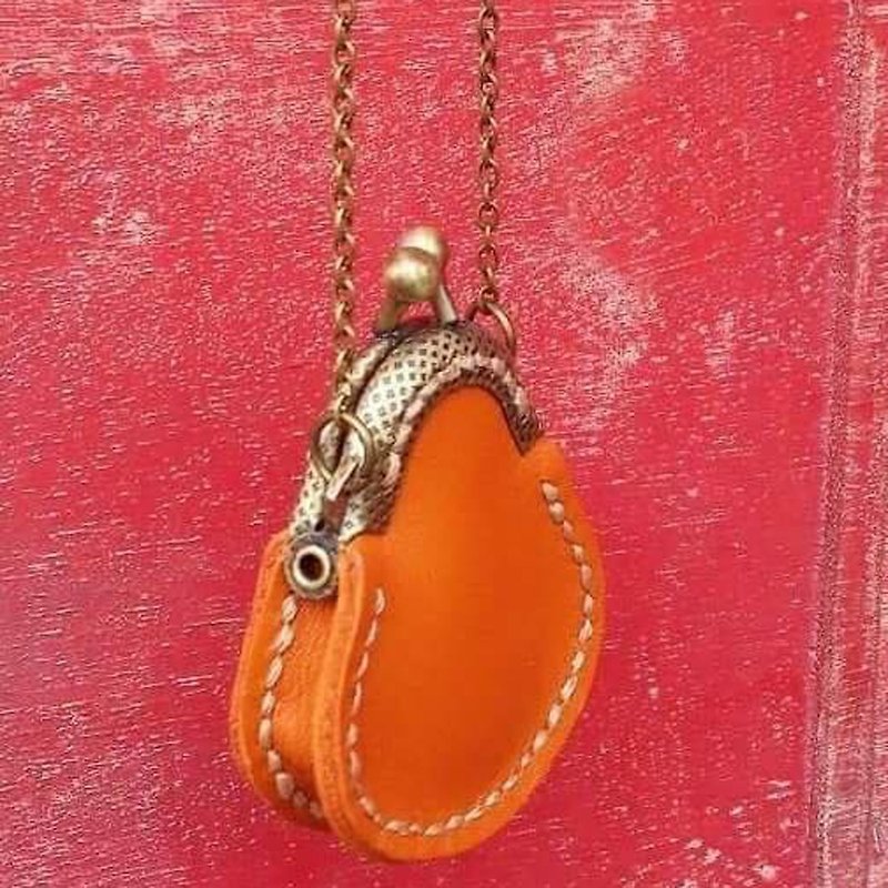 Graduation season - leather hand-sewed small mouth gold bag necklace - Necklaces - Genuine Leather Orange