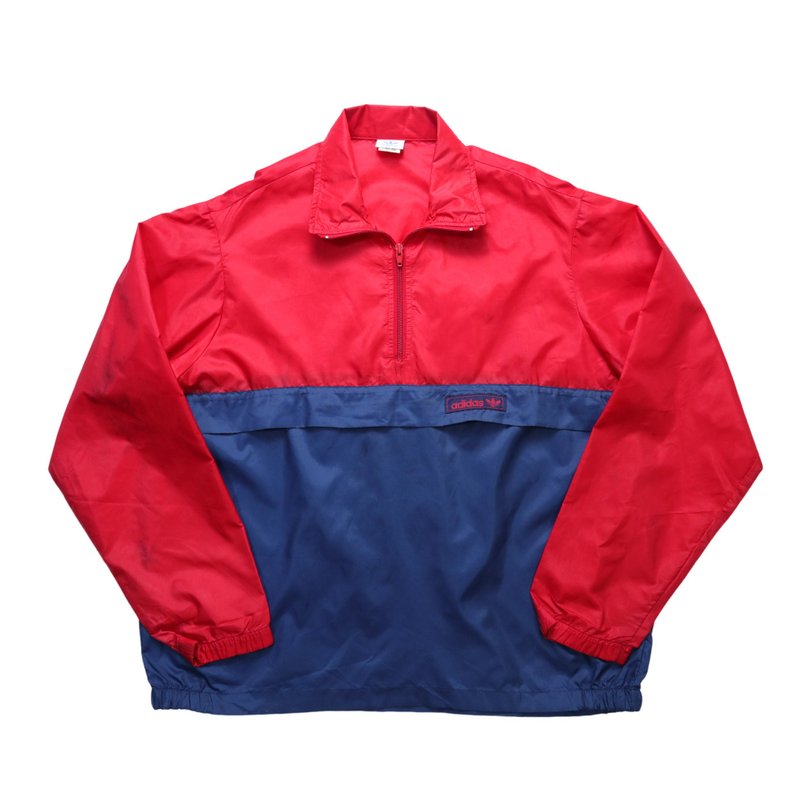 80s Adidas red and blue colorblock nylon blouse windproof blouse - เสื้อโค้ทผู้ชาย - ไนลอน 