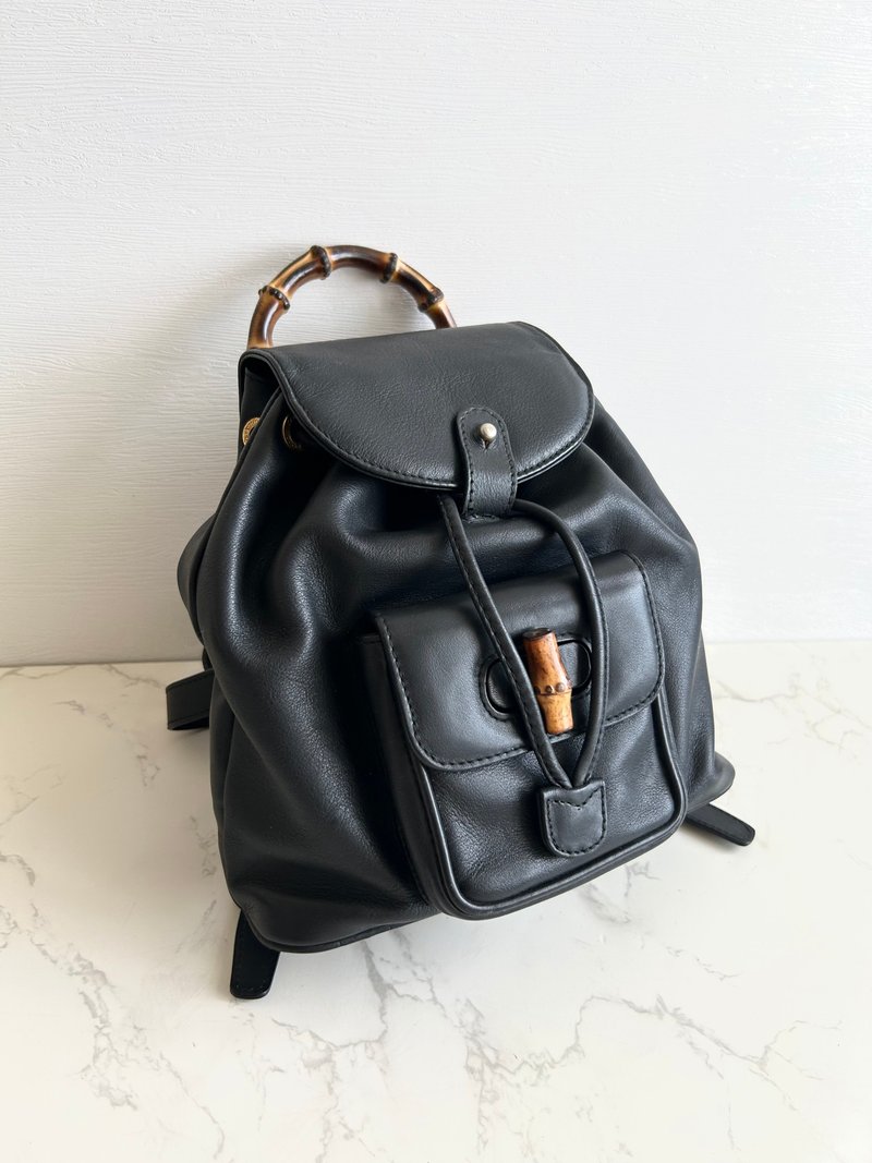 Rare Vintage Gucci Bamboo Black Leather Backpack - กระเป๋าเป้สะพายหลัง - หนังแท้ สีดำ