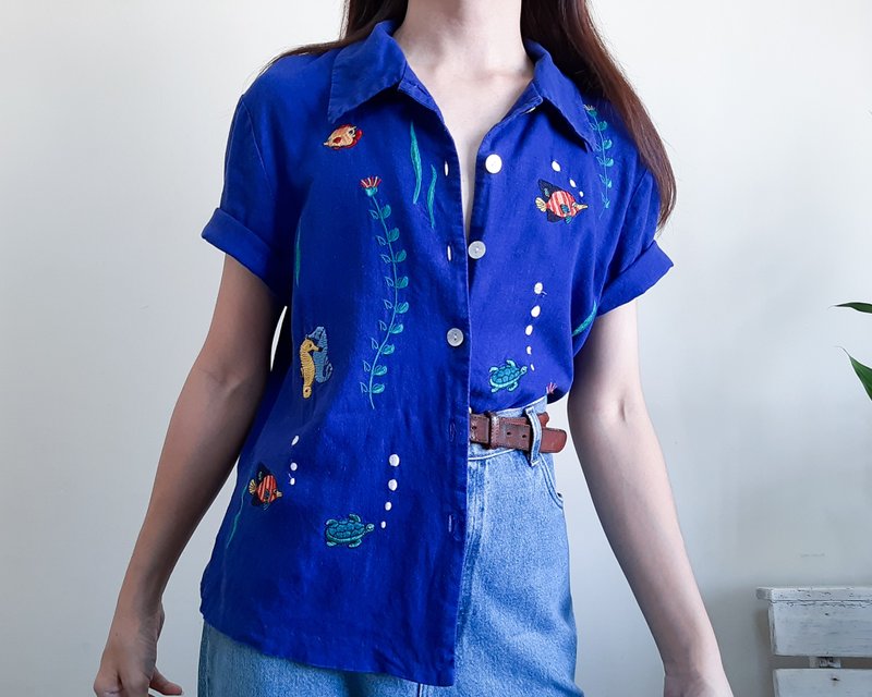 Vintage Blue Animal Embroidered Linen Rayon Shirt Beach Summer Unisex Shirt - Men's Shirts - Cotton & Hemp Blue