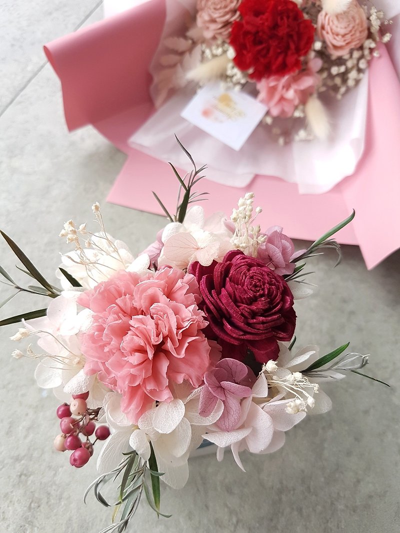 Hai Zang Design│Mother's Day Flower Ceremony. Immortal carnations dry pot flower ceremony. Comes with gift box - ตกแต่งต้นไม้ - พืช/ดอกไม้ สึชมพู