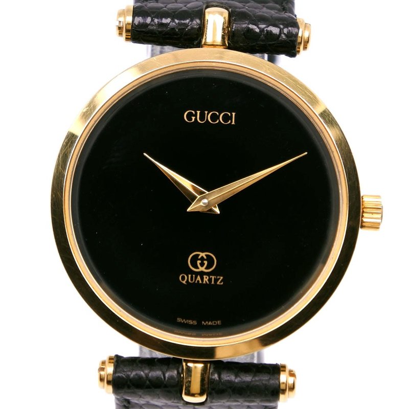 【日本直送】グッチ GUCCI シェリー 腕時計 金メッキ×型押しレザー クオーツ アナログ表示 黒文字盤 ボーイズ【中古】 - 女錶 - 其他金屬 黑色