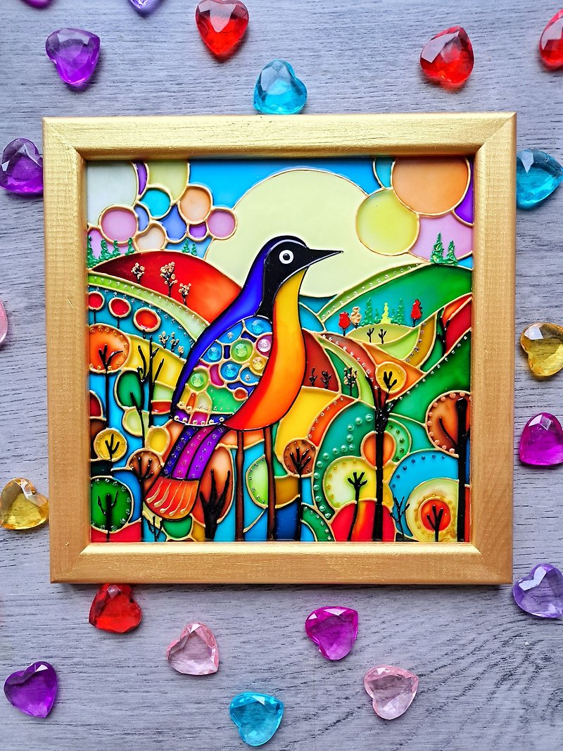 Stained glass painting Cartoon colorful bird Kids room modern decor Wall hanging - Wall Décor - Glass Multicolor