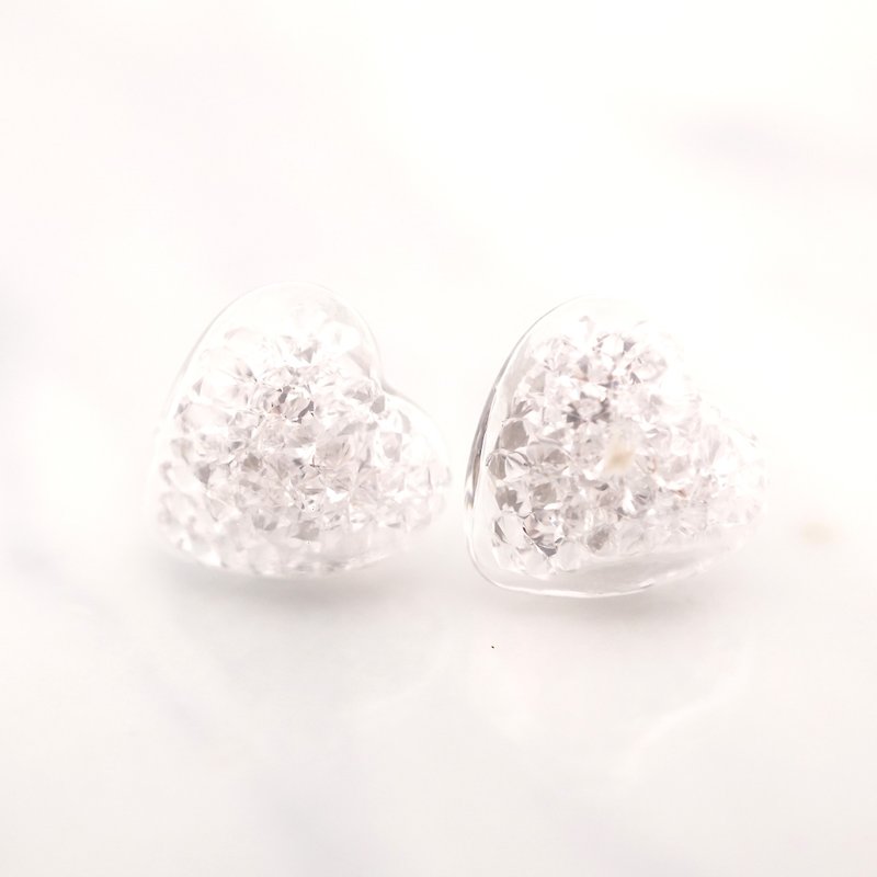 Mini Heart with White Crystal Glass Ball Earrings - ต่างหู - แก้ว ขาว