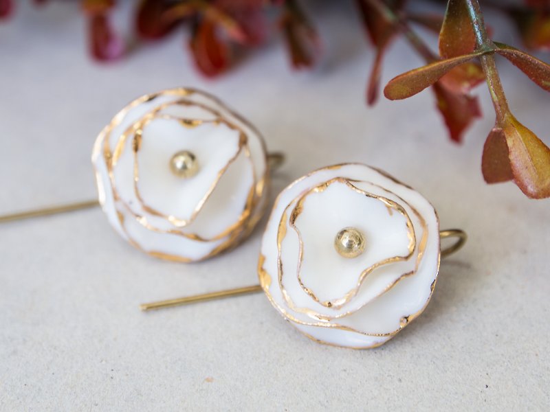 Golden Bloom ~ gold & white porcelain flower hook earring. - Earrings & Clip-ons - Pottery Gold