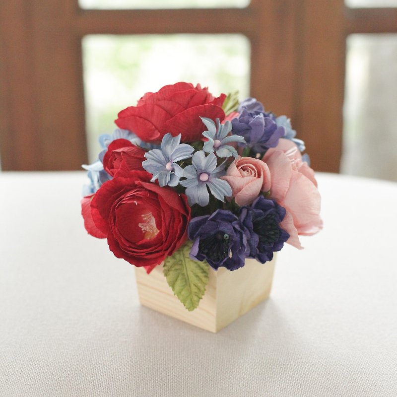 Wooden Table Flower Pot Handmade Mulberry Paper Flower - 香氛/精油/擴香 - 紙 多色