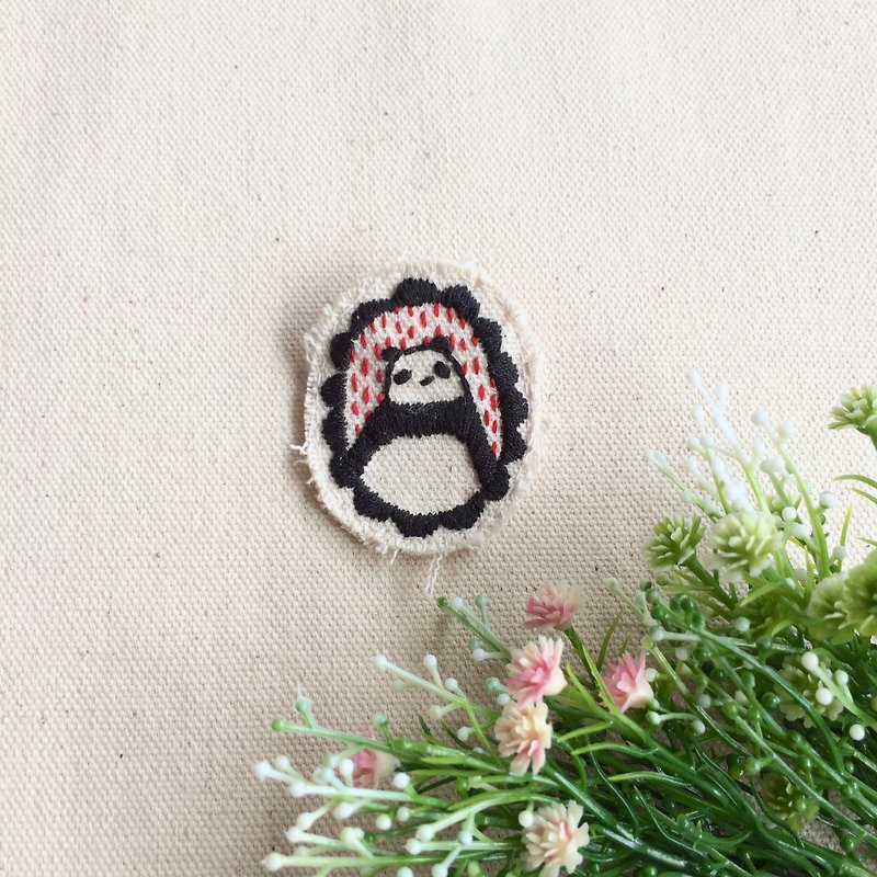 Hand-made embroidery frame and red stripes brooch * Panda - Brooches - Thread Black