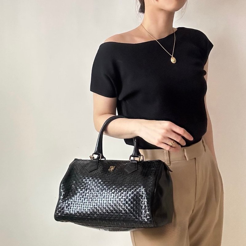 中古正品 Fendi 芬迪 80年代 編織皮革手提包 波士頓包 意大利製 - 手提包/手提袋 - 真皮 黑色