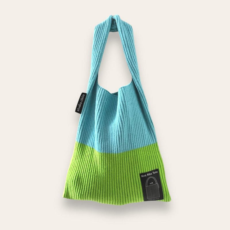 Ribs Knit Tote - sky blue x bright green - Handbags & Totes - Acrylic 