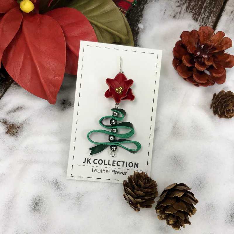 Christmas Flower with Ribbon Christmas Tree Accessories Earrings/ Pin /Neckline - Brooches - Genuine Leather Green