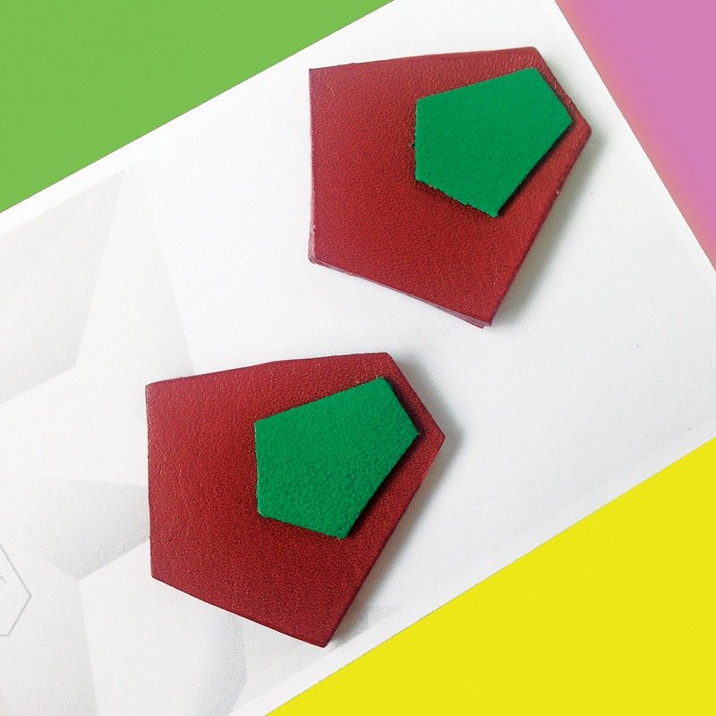 Geometric leather earrings (925 silver ear care) - Earrings & Clip-ons - Genuine Leather Red