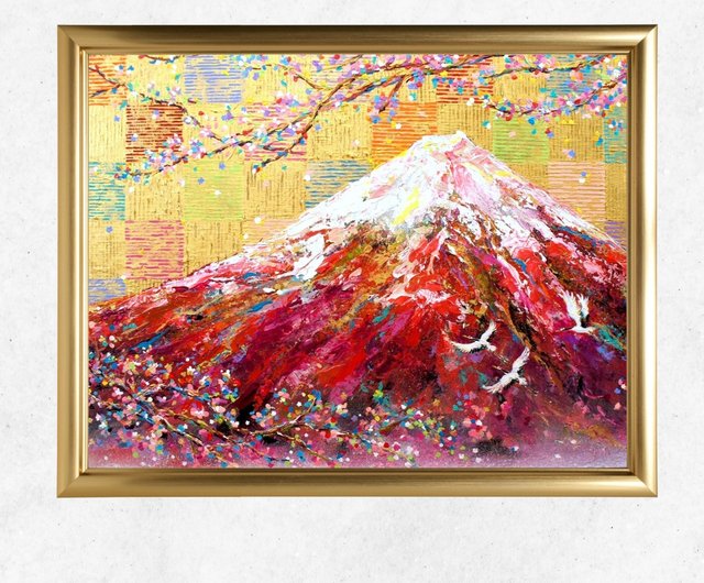 赤富士と鶴 額入りの風景画アート 1点もの作品再販なし【赤富士と鶴の絵】 開運 幸運 日本風 日本