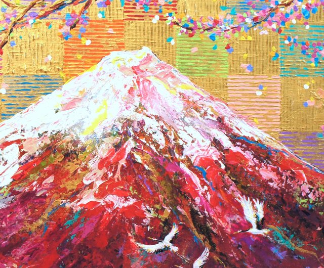 赤富士と鶴 額入りの風景画アート 1点もの作品再販なし【赤富士と鶴の絵】 開運 幸運 日本風 日本
