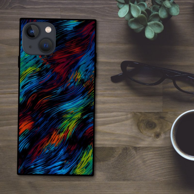 The colorful lines, beautifully painted with fine brushes, look like flowing water and wind, and are stylish and evoke the mysteries of nature. Square smartphone case [tempered glass finish] iPhone 1 - เคส/ซองมือถือ - พลาสติก หลากหลายสี