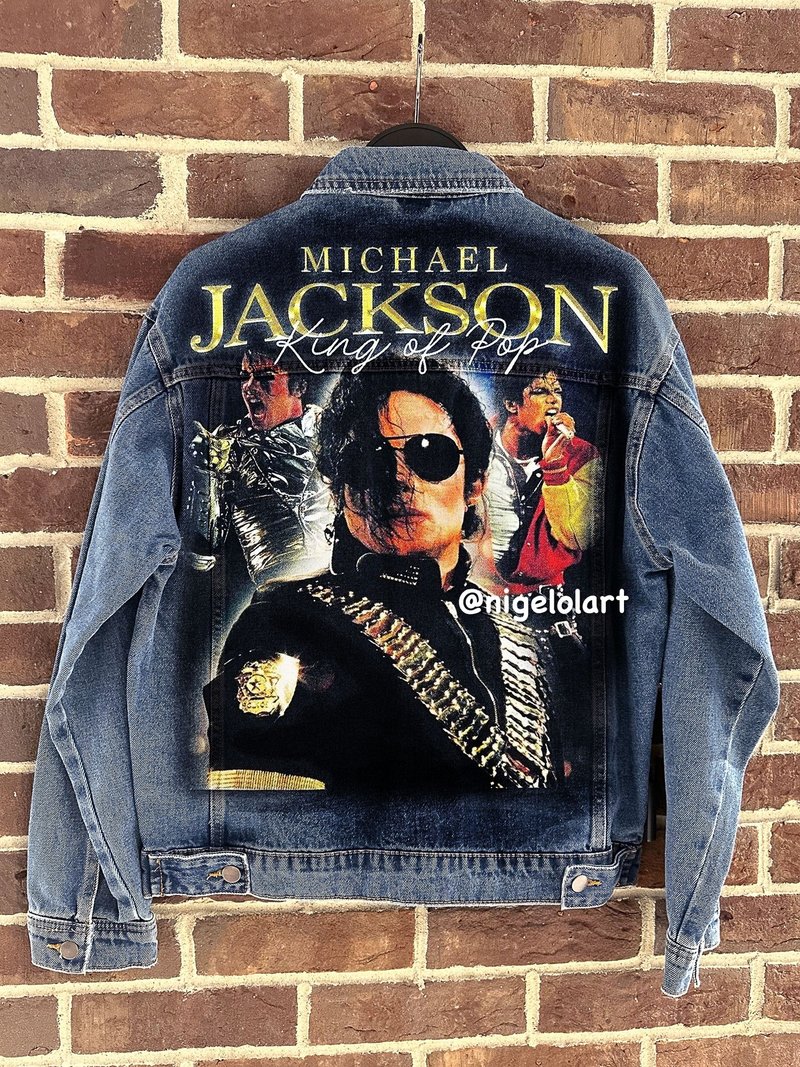 Painted Denim Jacket Michael Jackson Bad Handmade Custom jacket gift - 女大衣/外套 - 棉．麻 藍色