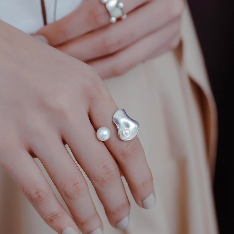 純銀海潮雙珍珠戒指/對戒/開口戒 - 戒指 - 純銀 銀色