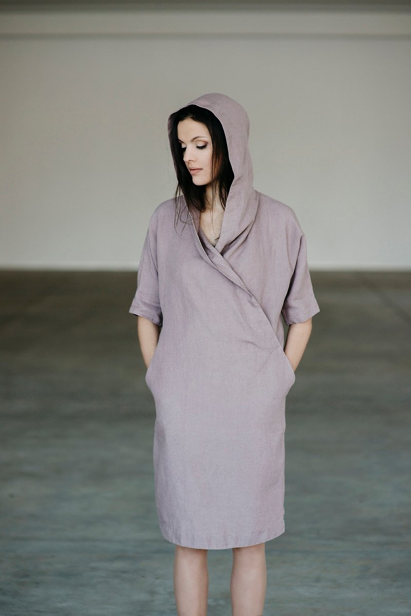 Linen Dress Motumo With Hood 15S4 - ชุดเดรส - ลินิน หลากหลายสี