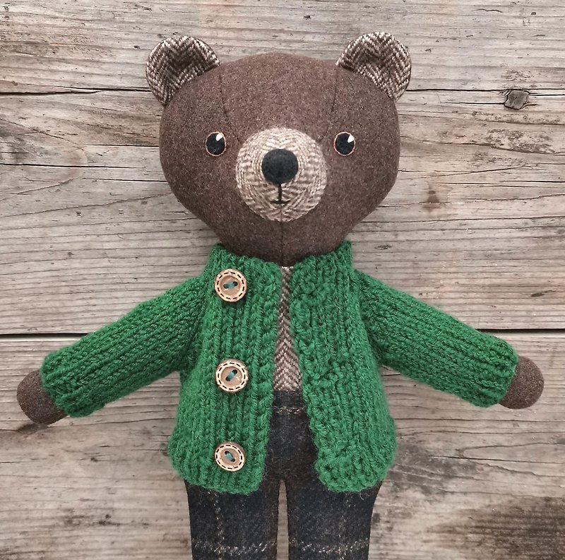 Brown bear boy, wool handmade plush doll, stuffed teddy bear toy - 公仔模型 - 羊毛 多色