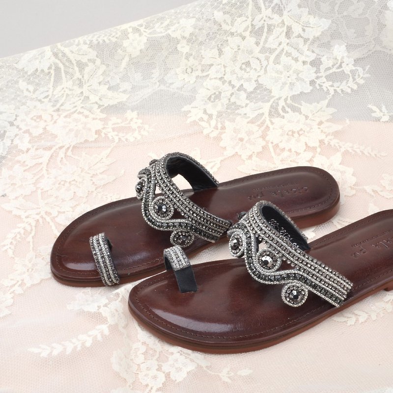 602 black Gemstone sandals - Sandals - Genuine Leather 
