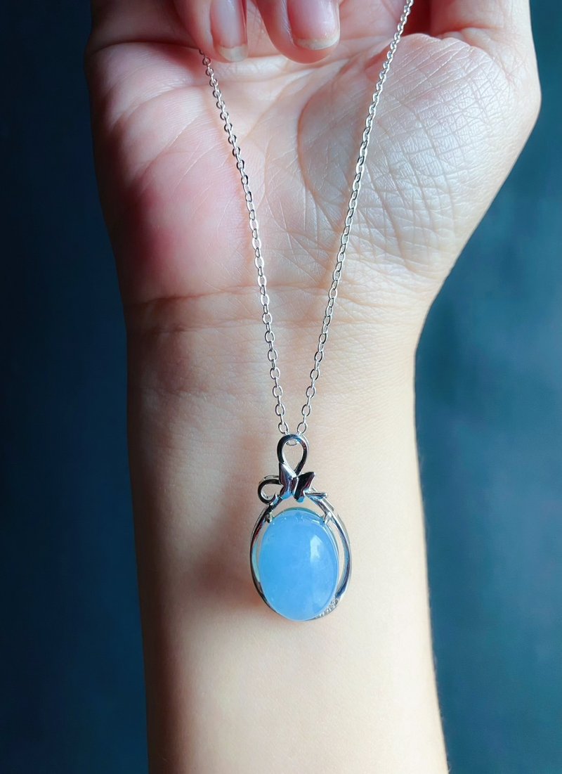 Valentine's Day Natural Aquamarine Crystal Natural Stone Gift S925 Necklace Birthday Gift - Necklaces - Crystal Blue