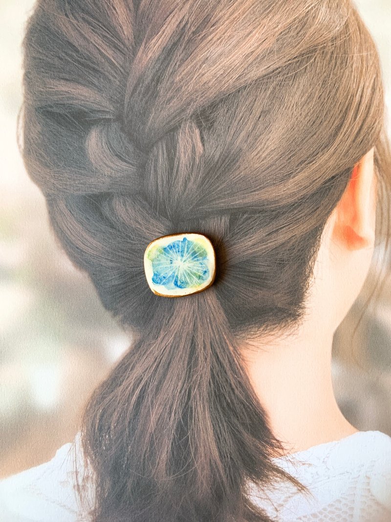 陶土の風合い 金継ぎ ライン ヘアアクセサリー ヘアゴム ポニーフック 青 ブルー イエロー 黄色 緑 グリーン ゴールド 金 - 髮圈/髮夾 - 陶 藍色