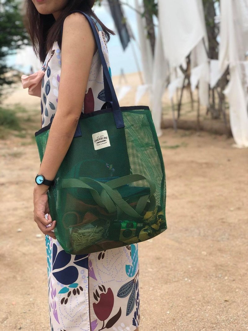 Green Mesh bag/ Shopping Bag/ Fitness Bag/ Grocery Bag/ Beach Bag/ Size M - 手提包/手提袋 - 尼龍 綠色