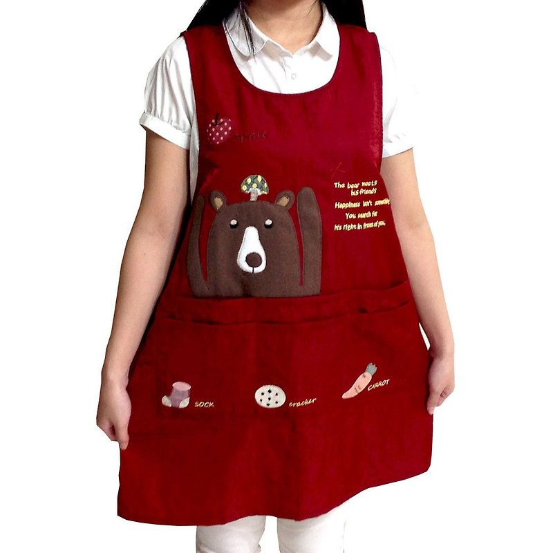 【BEAR BOY】 Mercerized cotton 6-pocket apron - mushrooms and bears - red - ผ้ากันเปื้อน - วัสดุอื่นๆ 