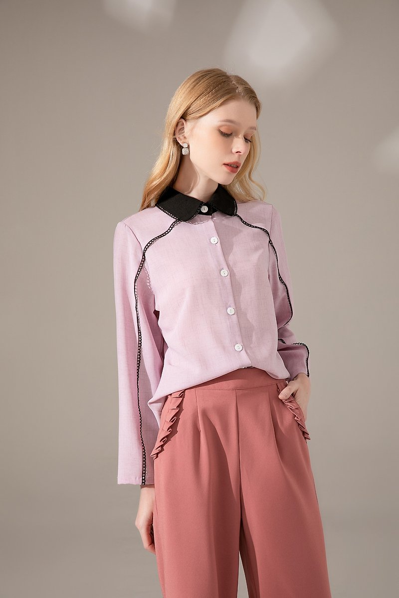 Color Block Crewneck Long Shirt | Pink | Non-Stretch | Unlined - Women's Shirts - Polyester Pink