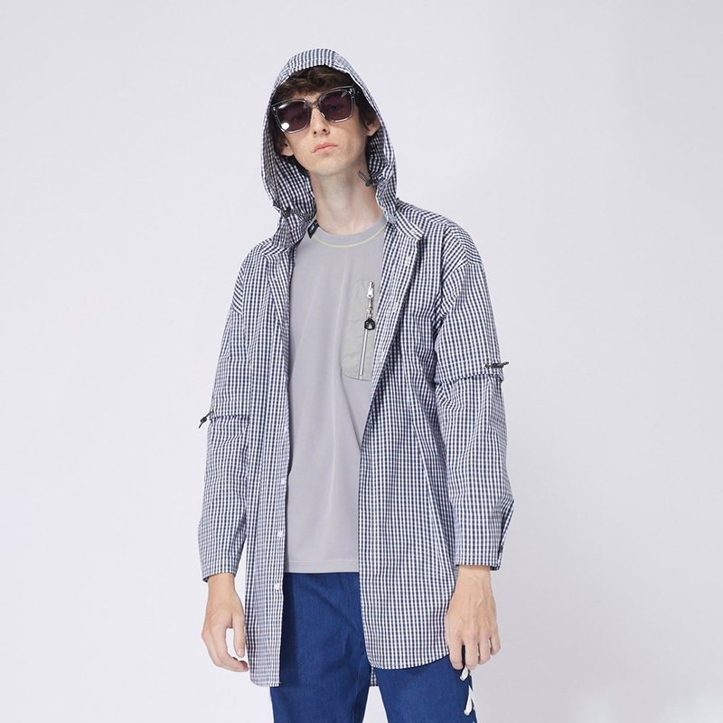 UNISEX REMOVABLE HOOD PLAID SHIRT / Indigo Plaid - เสื้อเชิ้ตผู้ชาย - วัสดุอื่นๆ สีน้ำเงิน