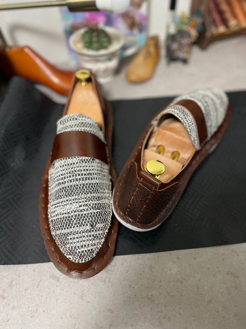 Japan Made Saki-ori Denim x Antique Brown Loafers - Other - Genuine Leather Blue