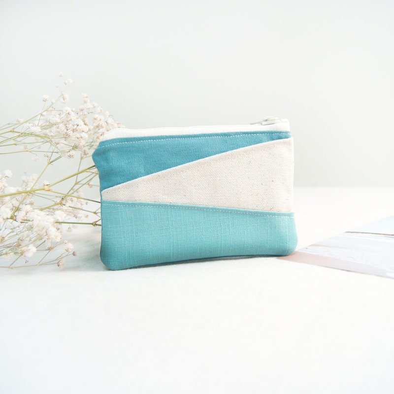 Ready-made handmade color-blocked ticket card laminated coin purse - sky blue - กระเป๋าใส่เหรียญ - ผ้าฝ้าย/ผ้าลินิน สีน้ำเงิน