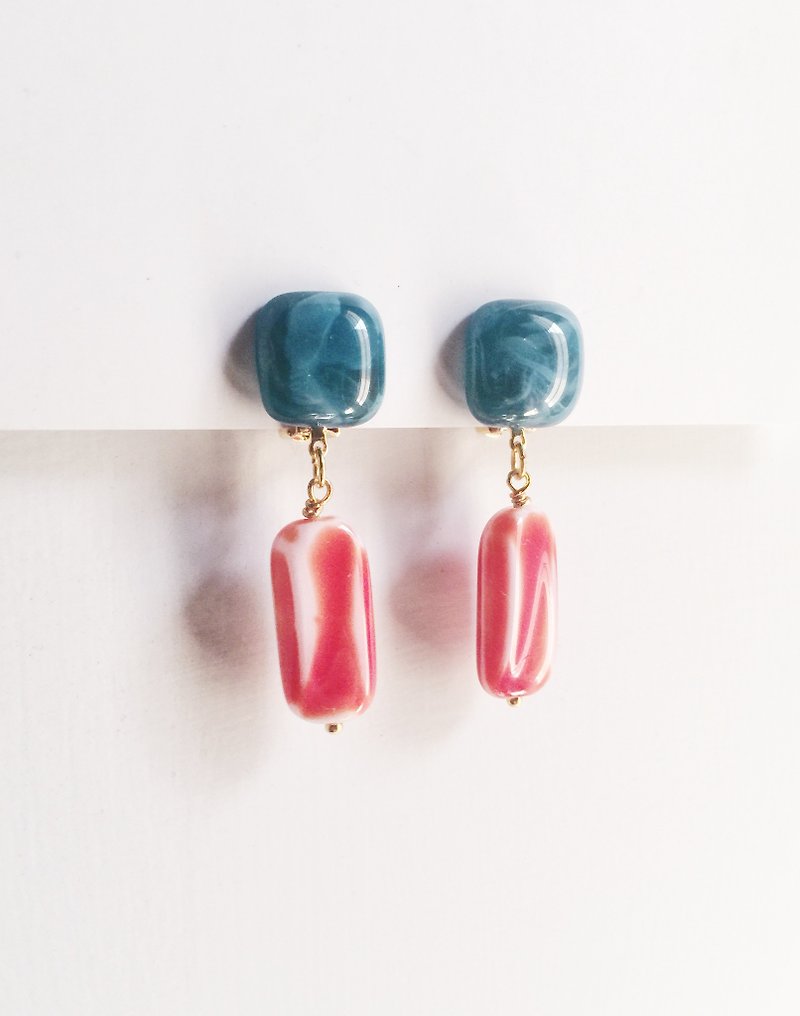 ❈La Don pull winter ❈ - earrings - retro beads lake green red ear clip - ต่างหู - โลหะ สีแดง