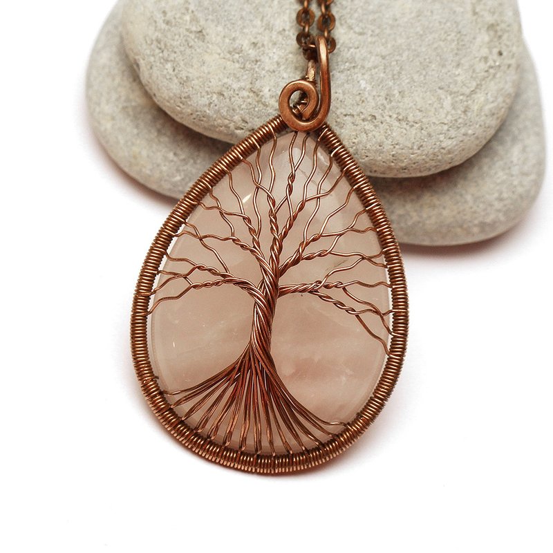 Handmade Rose Quartz Pendant Copper Wire Necklace Tree Of Life Necklace Jewelry - สร้อยคอ - เครื่องประดับพลอย สึชมพู