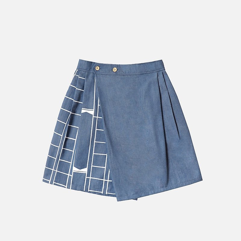 Large manuscript paper print shorts hakama-denim blue - กางเกงขาสั้น - ผ้าฝ้าย/ผ้าลินิน สีน้ำเงิน