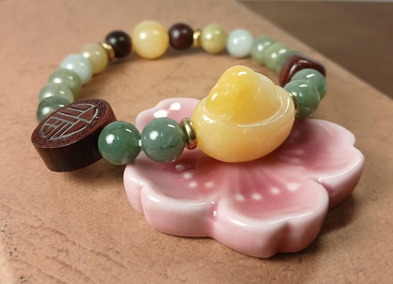 New Year's gift|Beaded engraved bracelet gold ingot lucky rat gold silk jade/ - Bracelets - Jade Yellow