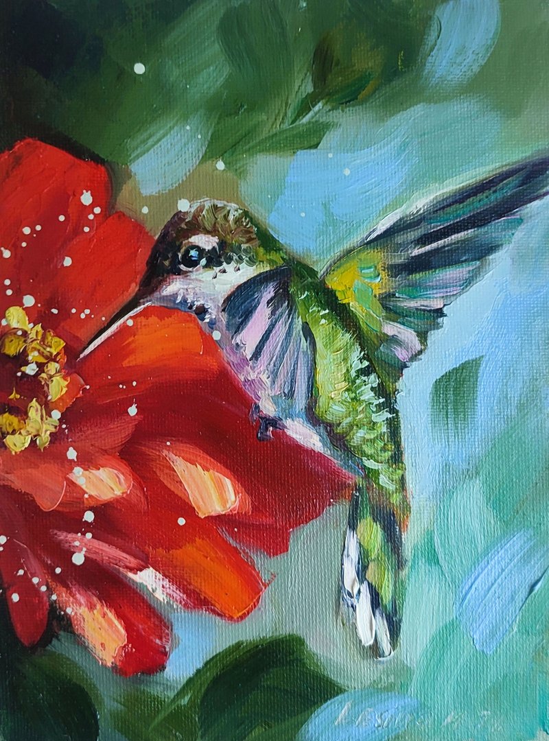 Hummingbird Oil Painting Bird Small Art Bird Artwork Flower Painting Bird Art - 壁貼/牆壁裝飾 - 其他材質 紅色