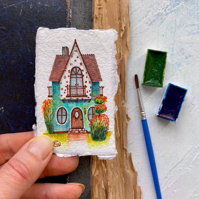 Green house art Original painting Tiny wall art Watercolor miniature by Rubinova - 海報/掛畫/掛布 - 紙 多色