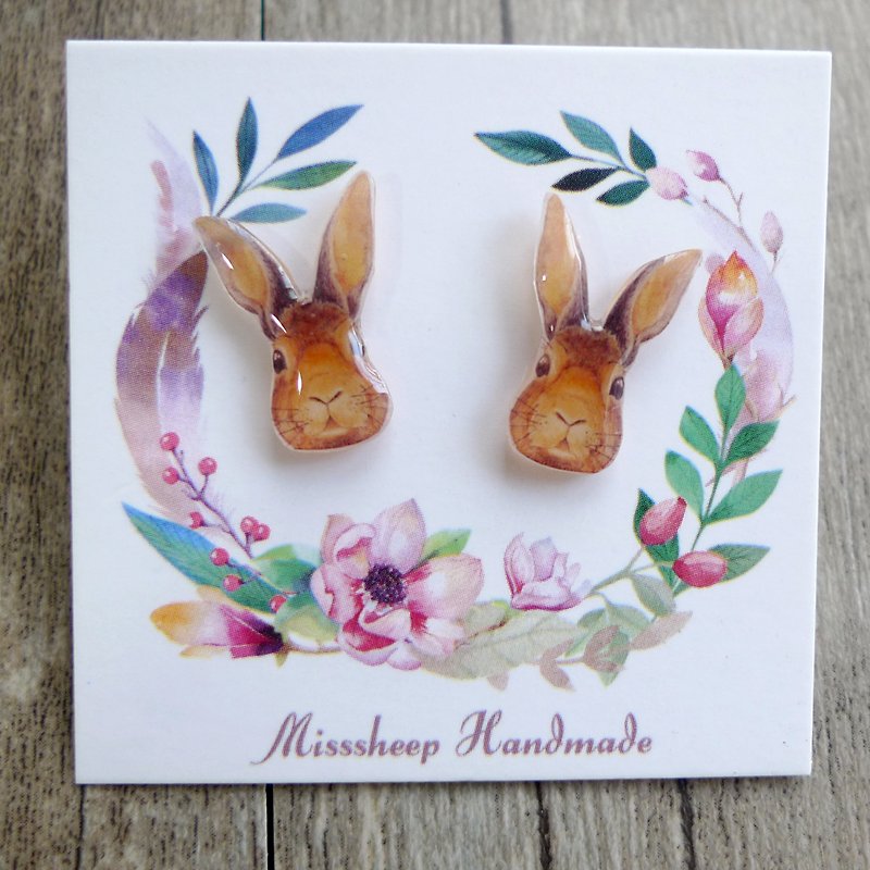 Misssheep-U55 手繪風格森林兔子 手作耳環 (耳針/耳夾)  一對 - 耳環/耳夾 - 塑膠 