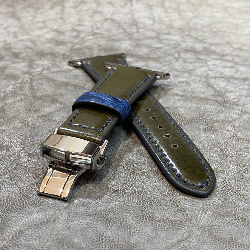 Apple Watch Strap / Hand-stitched Oiled Cordovan Olive For 42/44/45/46/49mm Leather Band - สายนาฬิกา - หนังแท้ สีเขียว