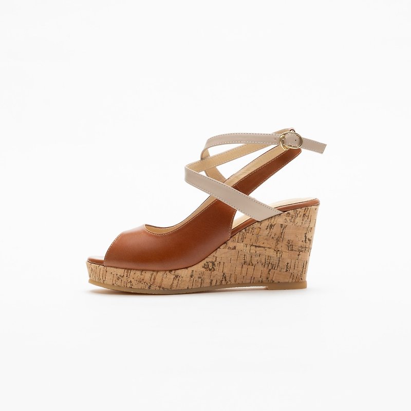 | New summer products, a must-buy for heightening | Miss Casey’s genuine leather fish mouth wedge sandals chestnut color - รองเท้าส้นสูง - หนังแท้ สีนำ้ตาล