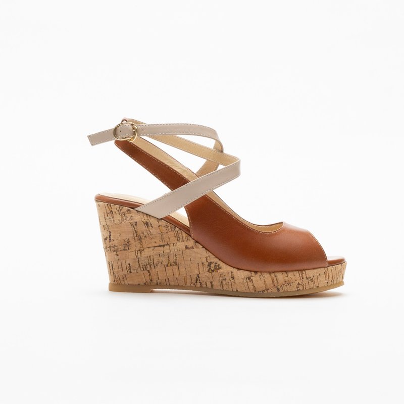 | New summer products, a must-buy for heightening | Miss Cathy genuine leather fish-mouth wedge sandals chestnut color - รองเท้าส้นสูง - หนังแท้ สีนำ้ตาล