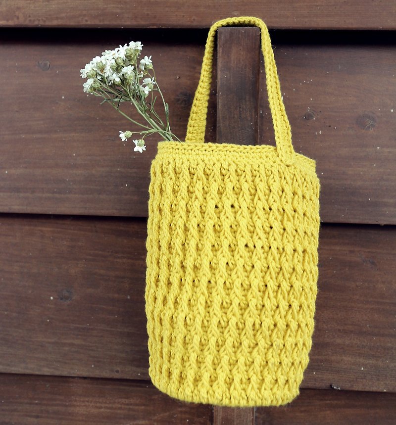 Handmade - embossed hand woven bag - beverage bag / kettle bag - ถุงใส่กระติกนำ้ - ผ้าฝ้าย/ผ้าลินิน สีเหลือง