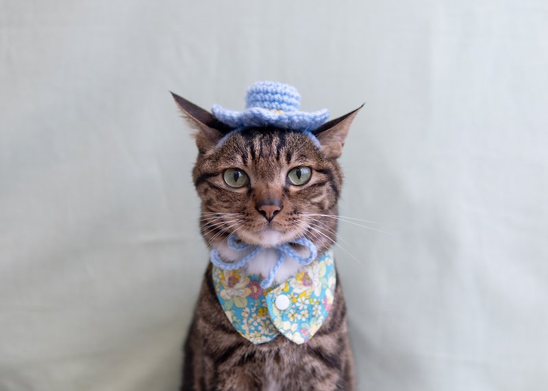 【Straw Hat・Maika Hat】Pet Jewelry Cat/Dog-Blue X Yellow Lace Hat - ชุดสัตว์เลี้ยง - วัสดุอื่นๆ สีน้ำเงิน