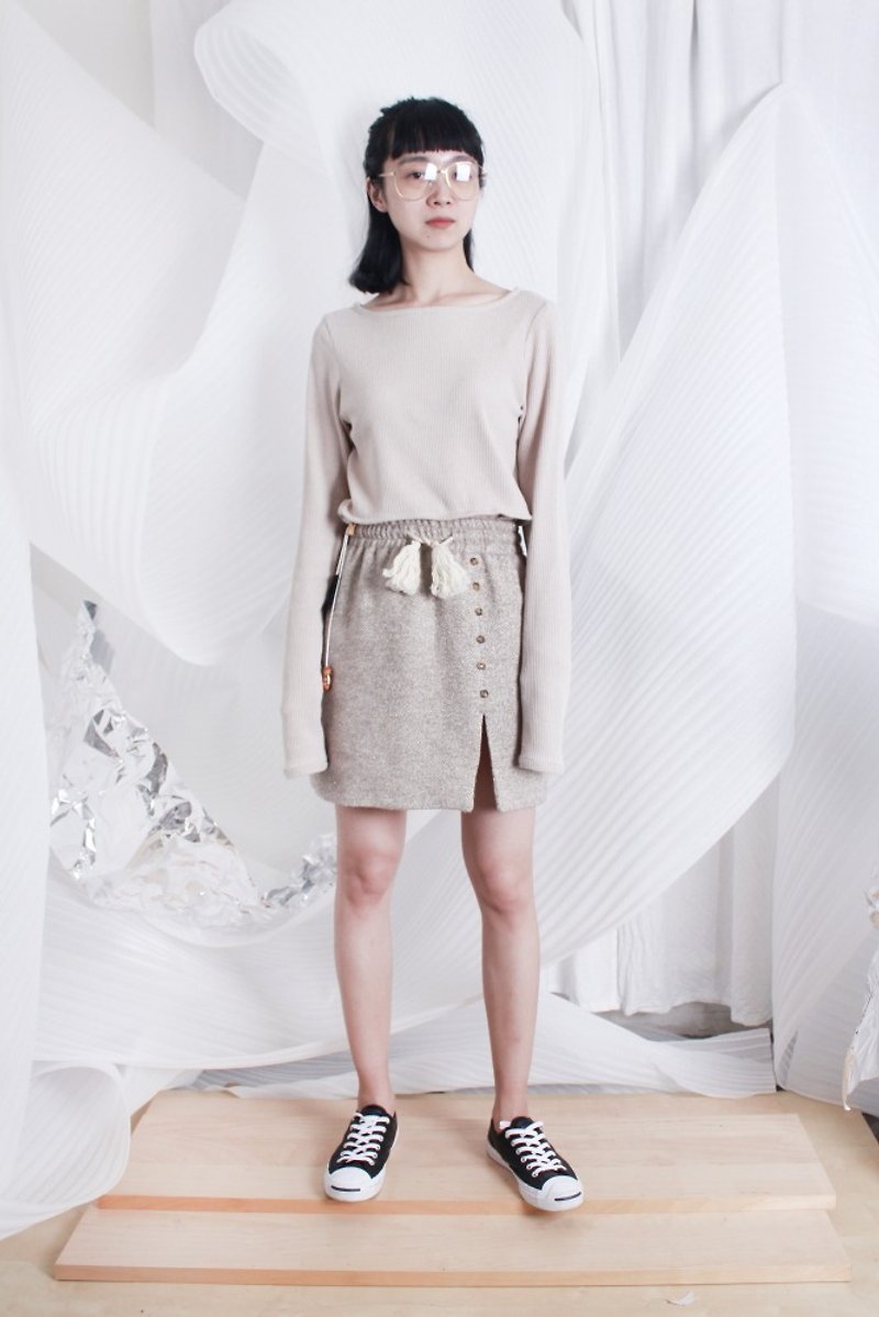 MAODIUL woven gold tassel drawstring waist half elastic half slit - Skirts - Wool Khaki