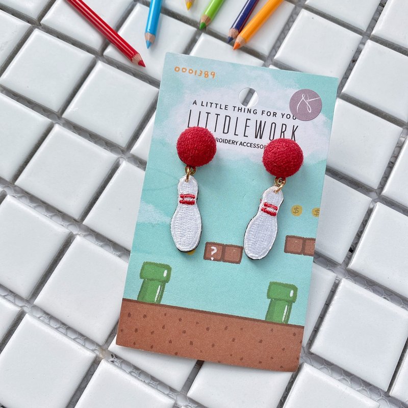 刺繡耳環 | 耳夾 / 耳釘 - 保齡球 | Littdlework - 耳環/耳夾/耳骨夾 - 繡線 多色