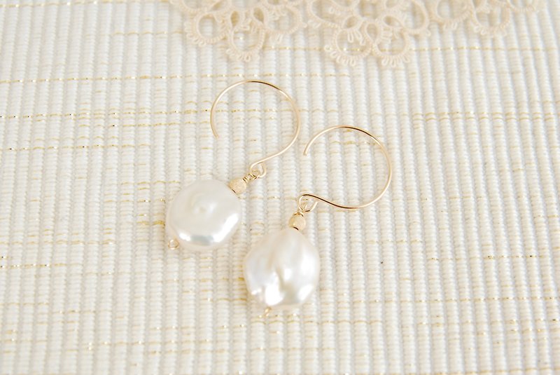 Round Keshipearl earrings 14kgf - Earrings & Clip-ons - Pearl White