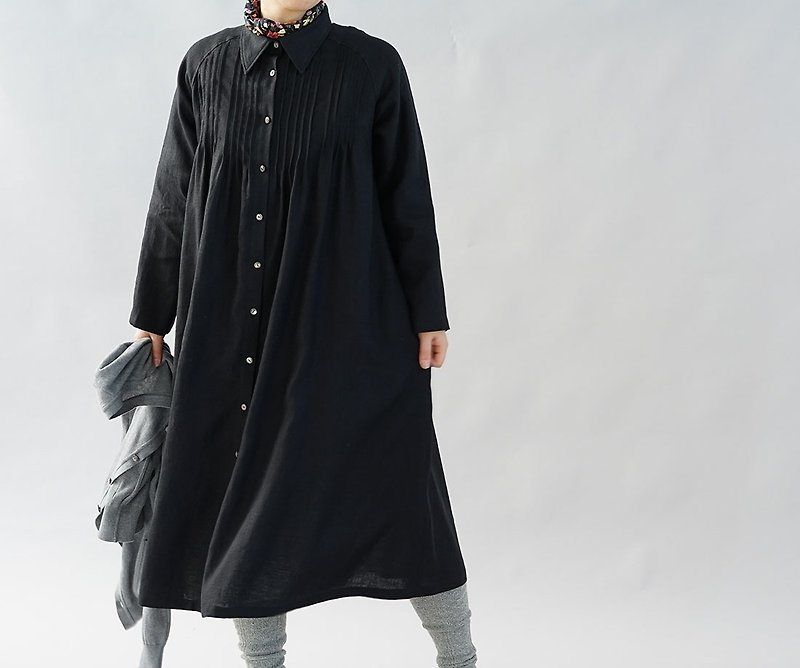wafu  linen dress / long length / long sleeve / A-line dress / black a081j-bck2 - One Piece Dresses - Cotton & Hemp Black